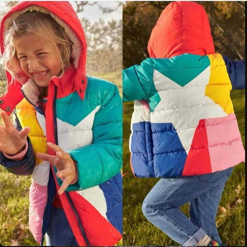 Boden Star Colorblock Puffer Jacket Girls 7-8Y Multi-Color Sherpa Lined Hood - Picture 13 of 13